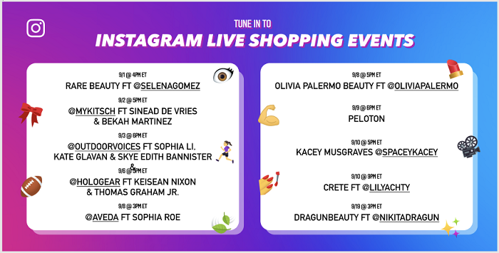 Instagram's Live Shopping 10-day event schedule.